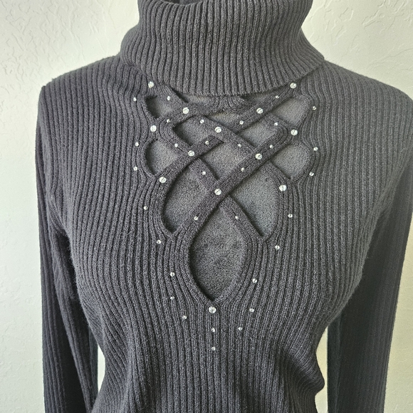 Newport  News Black Bling Turtleneck Sz Large Bodycon Y2K Whimsigoth Turtleneck - Picture 2 of 9